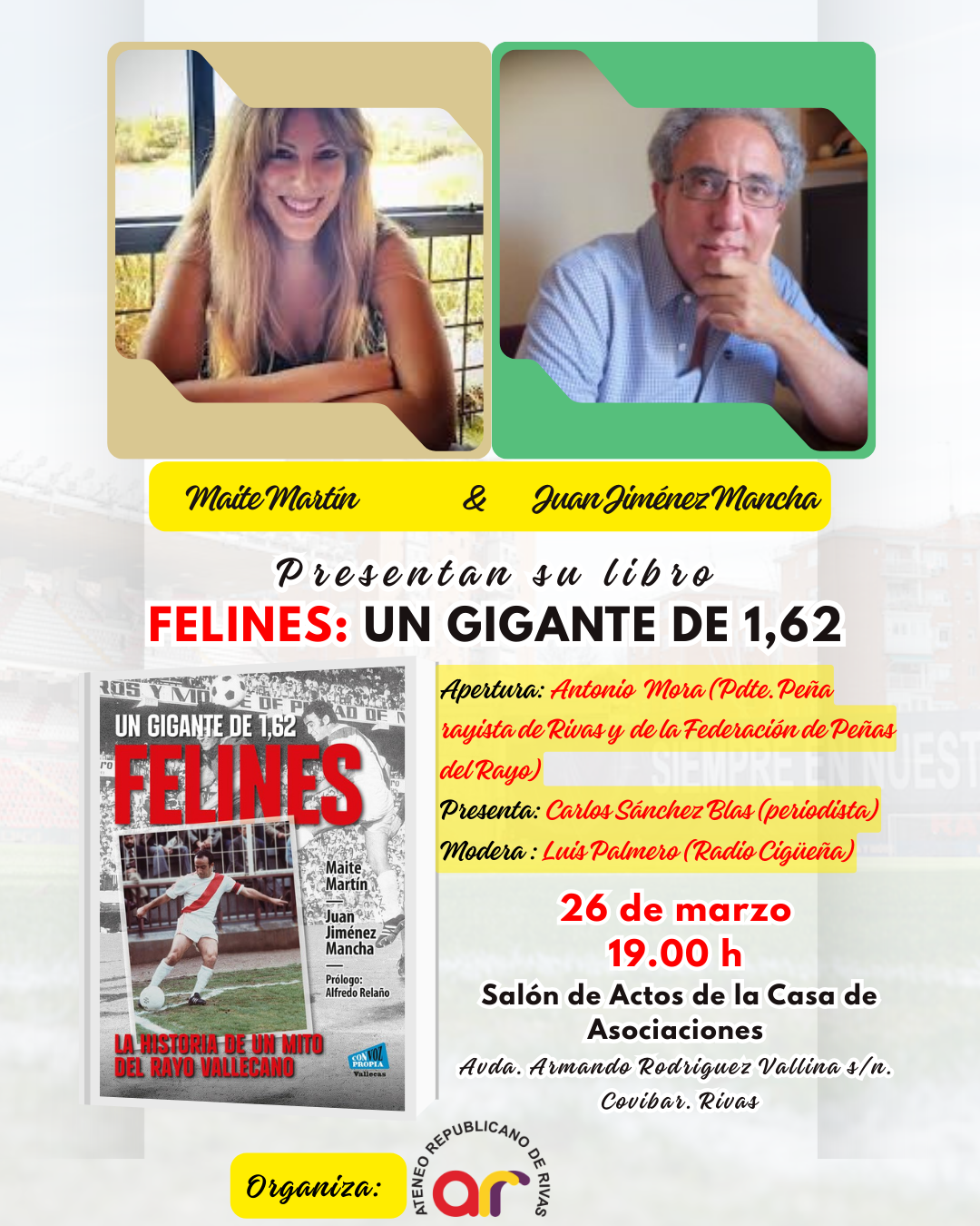 Maite Martín y Juan Jiménez presentan el libro ‘Felines: un gigante de 1,62’ en Rivas, invitados por el Ateneo Republicano